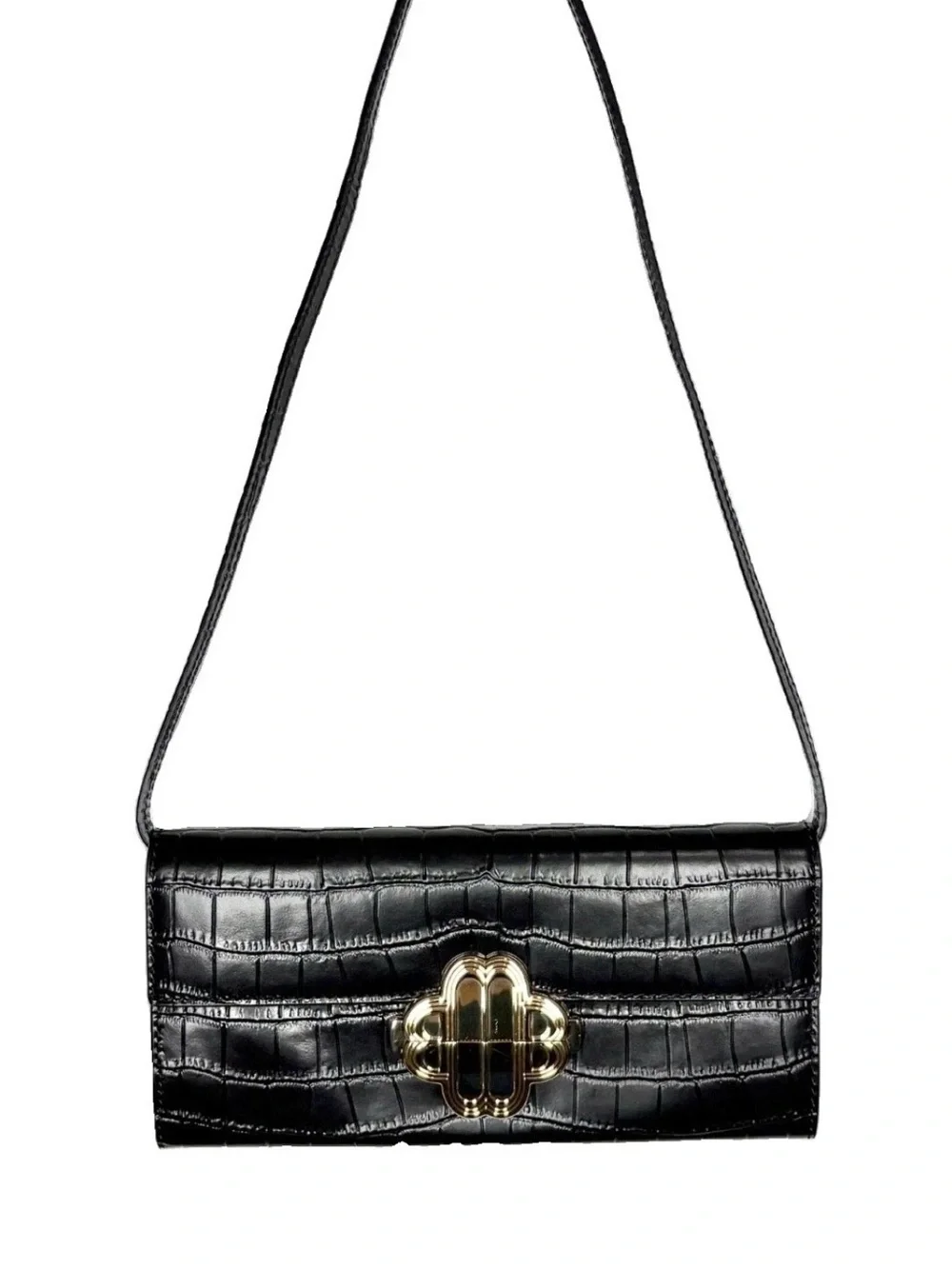 Maje Crocodile-Embossed Leather Bag Clutch Black Gold Clover Clasp Baguette